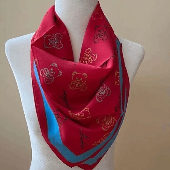 🐻 NWT MOSCHINO Iconic Teddy Bear Print Luxe Red Silk Scarf MSRP $245 - Picture 6 of 16
